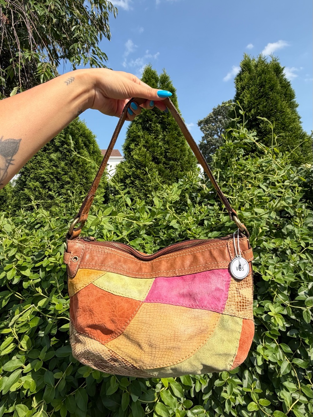 Vintage Fossil Y2K Multicolor Patchwork Bag Suede Leather Shoulder Purse - Picture 3 of 8